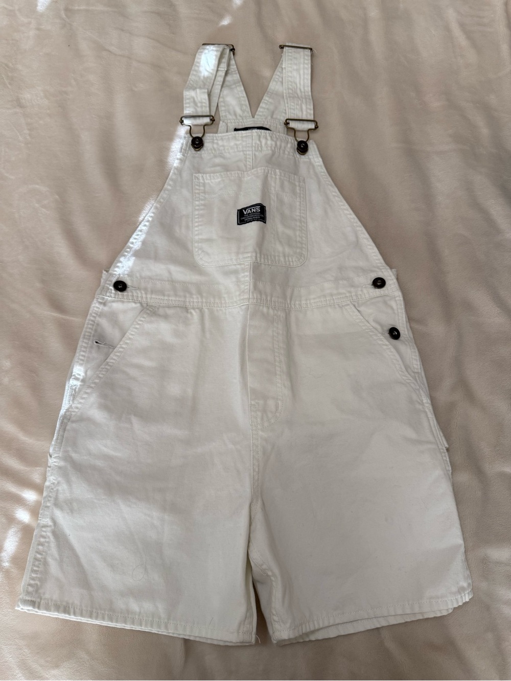 Vans Cream White Denim Short Overalls with Brass Hardware